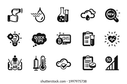 Conjunto vectorial de análisis Médicos, Nuevos productos e Iconos de realidad aumentada simple conjunto. Laboratorio de Química, Termómetro Electrónico e Iconos de prescripción Médica. El análisis médico analiza un simple símbolo web. Vector