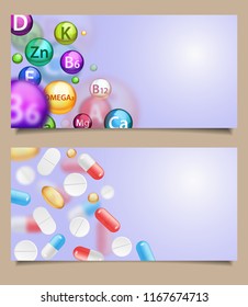 Vector set of medical banners web templates with realistic falling pills. Medications, supplements, and painkillers in form of pharmaceutical capsules, tablets, caplets and softgels, copy space.