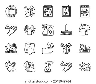 Vector set of Medical cleaning, Dirty mask and Washing hands line icons set. Cleaning liquids, Use gloves and Wash hands icons. Washing machine, Clean dishes and Dryer machine signs. Vector