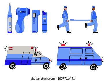 
vector set medical concept - orderlies doctor with stretchers, electronic thermometers for measuring body temperature, ambulances and resuscitation. Flat style blue palette