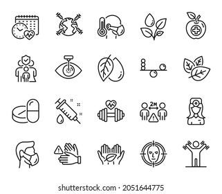 Vector set of Medical drugs, Balance and Medical syringe line icons set. Plants watering, Organic tested and Dont touch icons. Social distance, Face detect and Oculist doctor signs. Vector