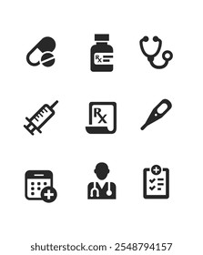 Vector set of medical drugs flat icons stock illustration. Editable stroke. Icons of doctor, pill, wheelchair, syringe, nurse, pills, prescription stock illustration