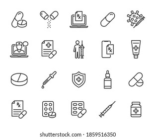 Vector set of medical drugs line icons. Contains icons pill, prescription, vaccine, doctor online, dropper, ointment, online prescription and more. Pixel perfect.