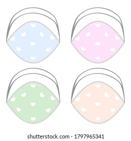 Vector - Conjunto de mascarilla médica con corazón blanco sobre 4 colores pastel de fondo. Qué lindo. Se puede usar publicidad decorativa, folleto, banner. Concepto de salud.