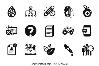 Vector set of Medical food, Restructuring and Airplane travel icons simple set. Resume document, Chemistry pipette and Search people icons. Organic product, Tractor and Copy files signs. Vector
