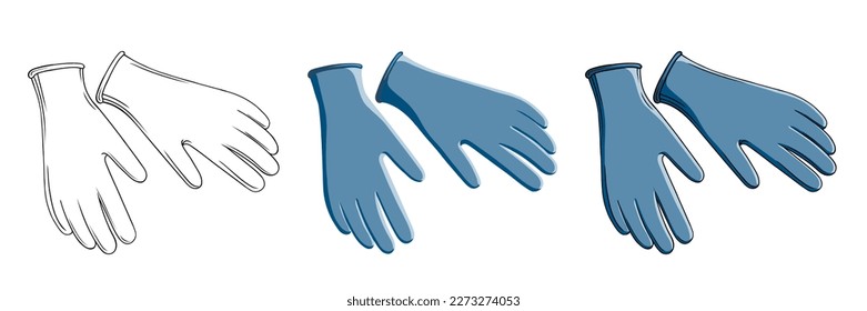 conjunto vectorial de guantes médicos aislados en fondo blanco. ilustración de vector de contorno e imagen de color de guantes para proteger las manos de factores externos