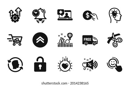 Vector set of Medical help, Shopping cart and Time management icons simple set. Sale megaphone, Swipe up and Idea head icons. Love, Smile and Free delivery signs. Face id, Lock and Payment. Vector
