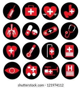 Vector : Conjunto de iconos médicos en el botón negro circular aislado en fondo blanco