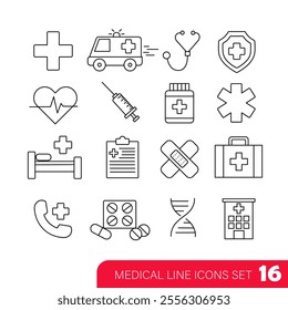 Vector set of medical icons includes 16 unique symbols for mobile apps, websites, weather forecast, etc.