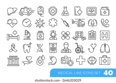 Conjunto vetorial de ícones médicos em estilo de arte de linha com 40 símbolos exclusivos para aplicações móveis, sites, etc inclui símbolo de pulso cardíaco, microscópio, molécula de DNA, carro de ambulância, cadeira de rodas, pasta médica etc