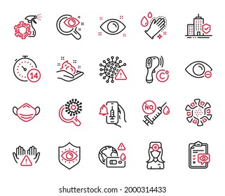 Vector Set Of Medical Icons Related To Apartment Insurance, Eye Checklist And Covid Virus Icons. Eye Protection, Washing Hands And Covid Test Signs. Coronavirus Vaccine, Myopia And Skin Care. Vector