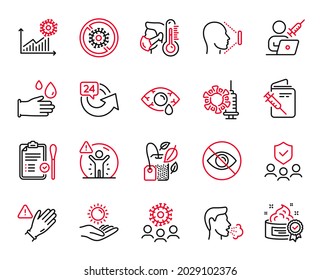 Vector Set of Medical icons related to Vaccination passport, Nasal test and Social distance icons. Cream, Sun protection and Stop coronavirus signs. 24 hours, Not looking and Rubber gloves. Vector