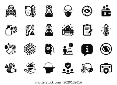 Vector Set of Medical icons related to Dont touch, Medical mask and Skin care icons. Medical insurance, Washing hands and Oculist doctor signs. Info bubble, journey path. Vector