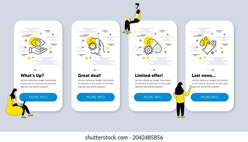 Vector Set of Medical icons related to Covid app, Health eye and Coronavirus pills icons. UI phone app screens with people. Washing hands line symbols. Dirty phone, Optometry, Vaccine. Gloves. Vector