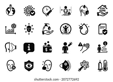 Vector Set Of Medical Icons Related To Thermometer, Social Distance And Healthy Face Icons. Face Biometrics, Dont Touch And Sick Man Signs. Vaccination Schedule, Medical Mask And Coronavirus. Vector