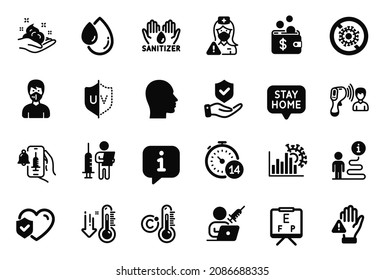 Vector Set of Medical icons related to Vaccine announcement, Uv protection and Quarantine icons. Oil drop, Life insurance and Insurance hand signs. Coronavirus statistics, Vision board. Vector