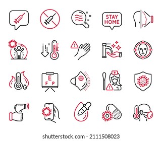 Vector Set Of Medical Icons Related To Stay Home, Electronic Thermometer And Covid App Icons. No Vaccine, Dont Touch And Coronavirus Signs. Eye Drops, Coronavirus Protection And Vision Board. Vector