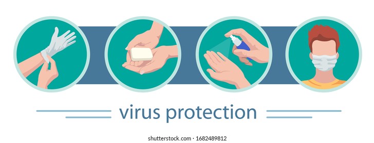 Vector set of medical icons.Virus protection: gloves, soap, antiseptic, mask. Anti-virus infographics safety rules.