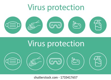 Vector set of medical icons.Virus protection: gloves, soap, antiseptic, mask. Anti-virus infographics safety rules.