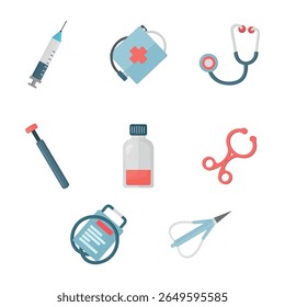 Conjunto vetorial de instrumentos médicos sobre fundo branco. Inclui seringa, estetoscópio, martelo reflexo, monitor de pressão arterial, frasco de medicamento, fórceps cirúrgicos, tesoura e recipiente de prescrição. 