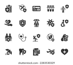 Vector set of medical insurance flat icons. Contains icons insurance life, accident, travel, illness, family, insurance card, medical test and more. Pixel perfect.