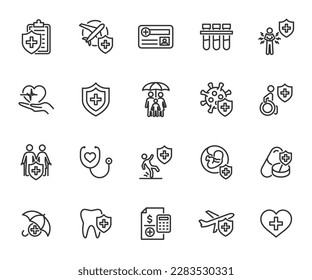 Vector set of medical insurance line icons. Contains icons insurance life, accident, travel, illness, family, insurance card, medical test and more. Pixel perfect.