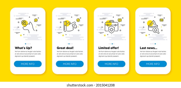 Vector set of Medical insurance, Veterinary clinic and Blood donation line icons set. UI phone app screens with line icons. Moisturizing cream icon. Vector