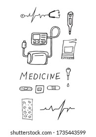 Vektor-Set medizinischer Gegenstände. Das Konzept der Gesundheitsfürsorge.