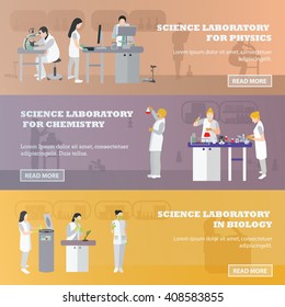 Vector set of medical laboratory banners. Illustration in flat style design. Doctors and scientist working in lab. 