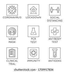 Vektorset medizinischer linearer Symbole im Zusammenhang mit einer Koronavirus-Pandemie - Sperrung und Quarantäne, soziale Distanzierung und Masken, PCR-Test auf SARS-CoV-2 und Antikörper-ImmunImmunImmunitätsbescheinigungen 