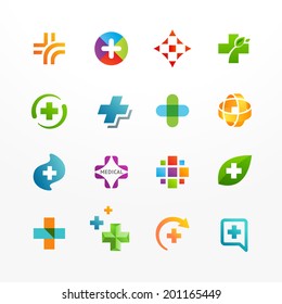 Vector Set Of Medical Logo Icons With Cross. Collection Of Signs With Plus Symbol.