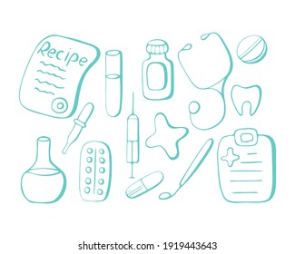 Conjunto vectorial de objetos médicos en forma de doodling, vacunación, jeringa, píldora, prescripción, matraz, estetoscopio, tubo de ensayo, diente, ampolla.