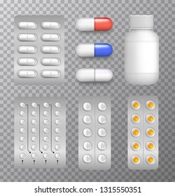 Vector set of medical pills and capsules in packs and white container isolated on transparent background