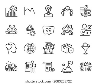 Vector Set Of Medical Prescription, Online Voting And Quote Bubble Line Icons Set. Businesswoman Person, Ice Cream And Ranking Icons. Sun Cream, Work Home And Parcel Insurance Signs. Vector