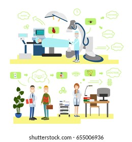 Vector set of medical staff providing health care to patients. Surgeon ready to operate his patient, visiting doctor therapist flat style design elements, icons isolated on white background.