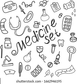 vector set, medical supplies in doodle style