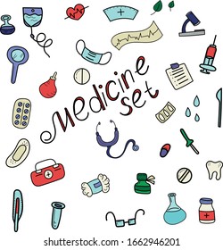 vector set, medical supplies in doodle style colored