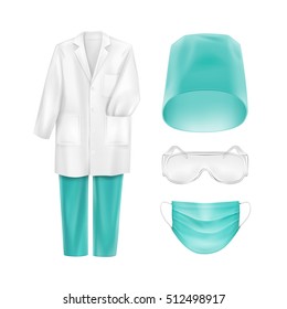 Vector Set of Medical Uniform Clothes Accessories Face Ear Loop Mask Blue Turquoise Hat Cap and Glasses Isolated on White Background