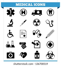 Vector set of medical web icons and design elements for hospital, ambulatory, clinic or other health care institution. Illustration on white background.