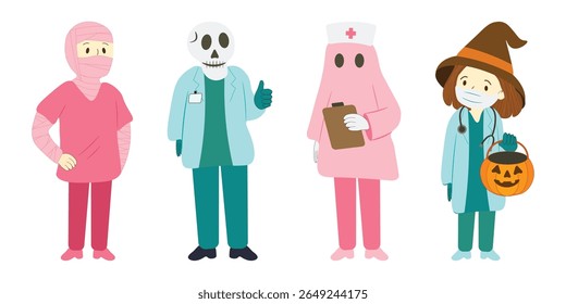 Vector set of medical workers collection in Halloween costumes: doctors and nurses dressed as ghost, zombie, mummy, witch Fun cartoon style perfect for healthcare, holiday seasonal designs 