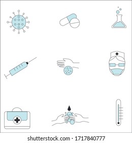 Vector set of medicina icons. Outline symbols of microscope, heart, pills, doctor, clinic, ambulance, cardiogram, syringe
