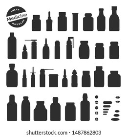 Vector set of medicine bottles and pills. 47 different silhouettes isolated on white back. Botttles, sprays, droppers, tablets, capsules and caplets for packaging design and your own projects.