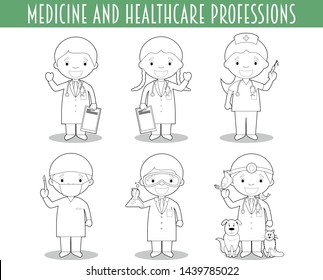 Vector Set of Medicine and Healthcare Professions for coloring in cartoon style.