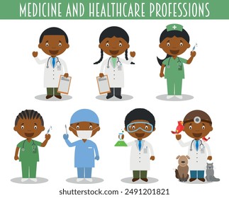 Vector Set of Medicine and Healthcare Professions in cartoon style. Black or African American characters.