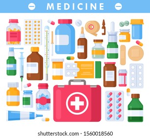Vector set of medicine pharmacy bottles, pills, drugs, tablets, syrup, vitamin, nasal spray, medical equipment in flat cartoon style. Medicine icon for health shop, healthcare banner, pharmacy poster.