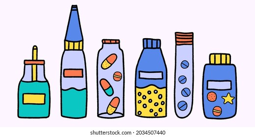 vector set of medicines - bottle, pills, drops, medicine, syrup.Vitamins and nutrients.Treat colds and flu as directed by your doctor.Isolated for presentation, teaching, students, scientific resource