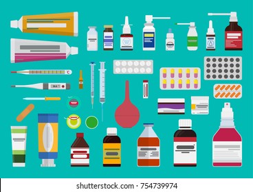 Vector set of medicines. The concept of pharmaceutics and medication.
