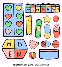 vector set of medicines -  pills, drops, medicine, vitamins,nutrients, tablet case.Treat colds and flu as directed by your doctor.Isolated for presentation, teaching, students, scientific resource