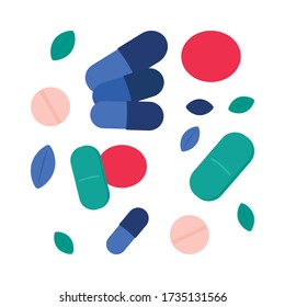 Vector set of medicines, various preparations and other subjects related to medicine and treatment of various diseases. Isolated containers with pills for every day.