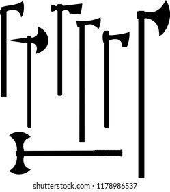 Vector set of medieval battle axes outline silhouette black on white. The battle-axes are similar to their historical prototypes from Europe of the Middle Ages. Simple pseudo-realistic style.